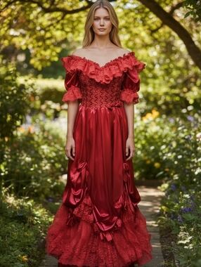 Stunning Red VTG 1970s Southern Belle Victorian DRESS "Loralie Original USA"